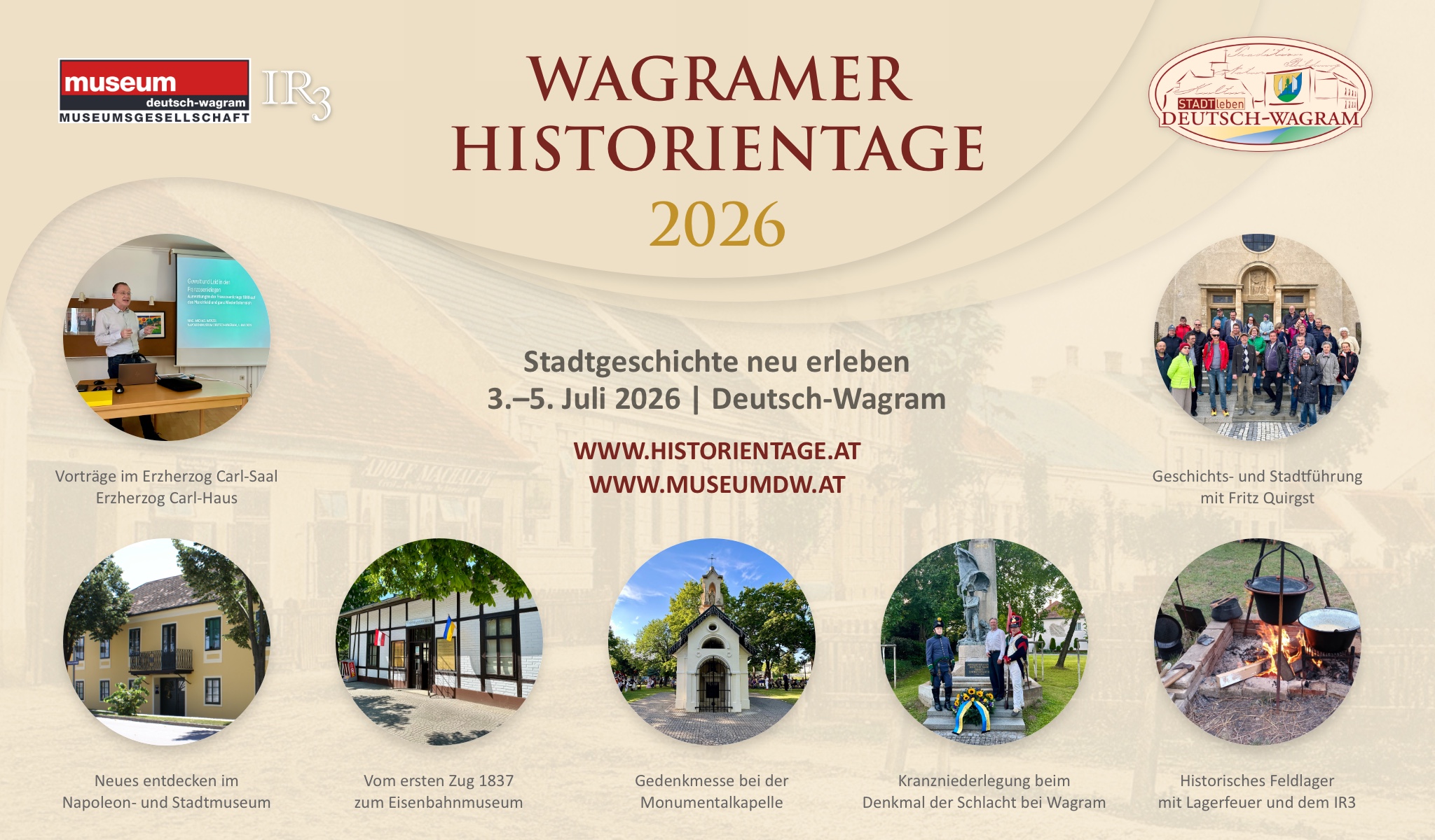 Wagramer Historitentage 2026. Stadtgeschichte neu erleben. 3.-5. Juli 2026, Deutsch-Wagram