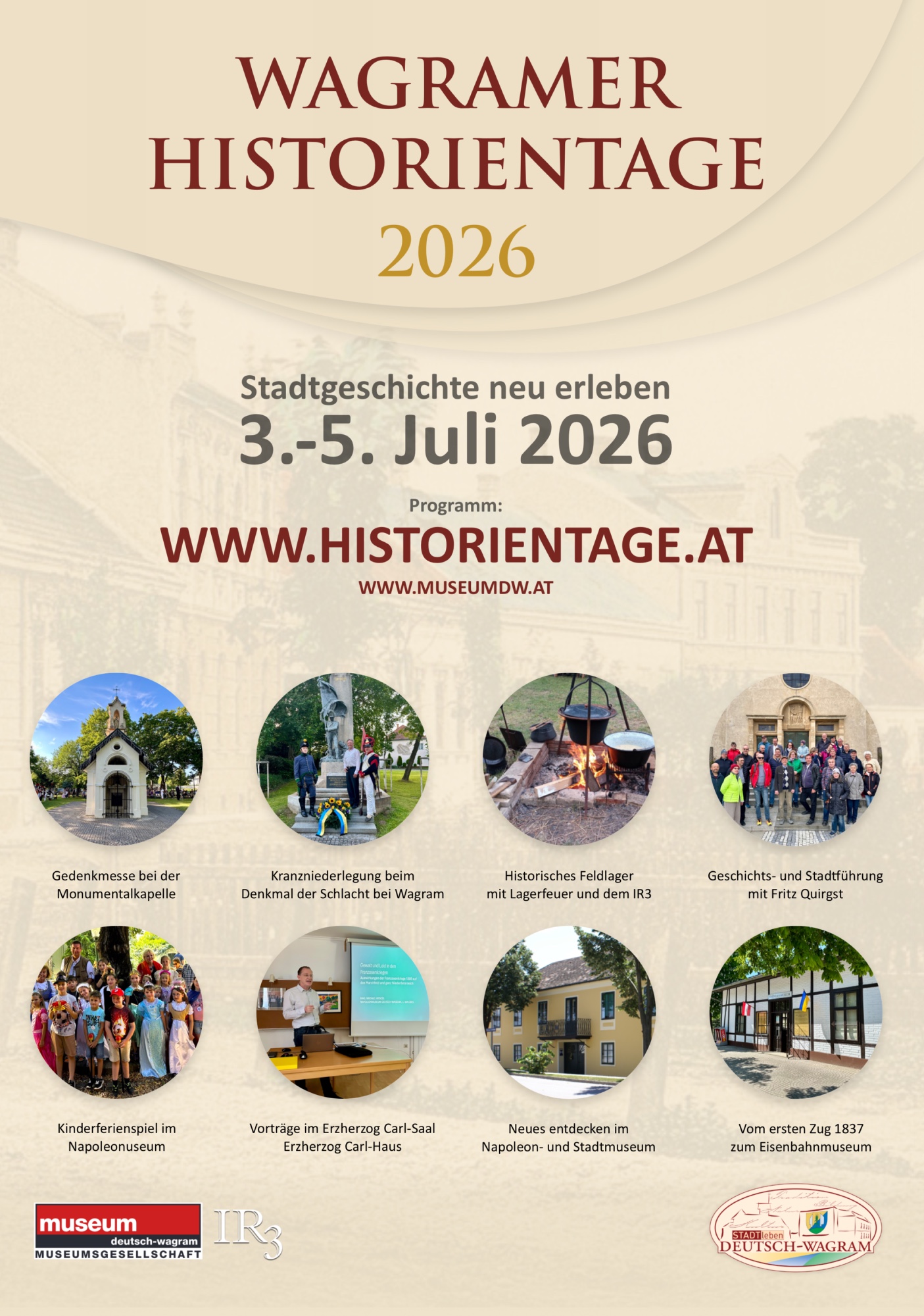 Wagramer-Historientage-2026-Programm-A5-01-2000 Wagramer Historitentage 2026. Stadtgeschichte neu erleben. 3.-5. Juli 2026, Deutsch-Wagram